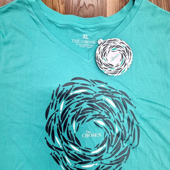 The CHOSEN NWT Teal Women V-Neck XL Graphic T-Shirt Christian Faith Fish Jesus - Picture 4 of 7